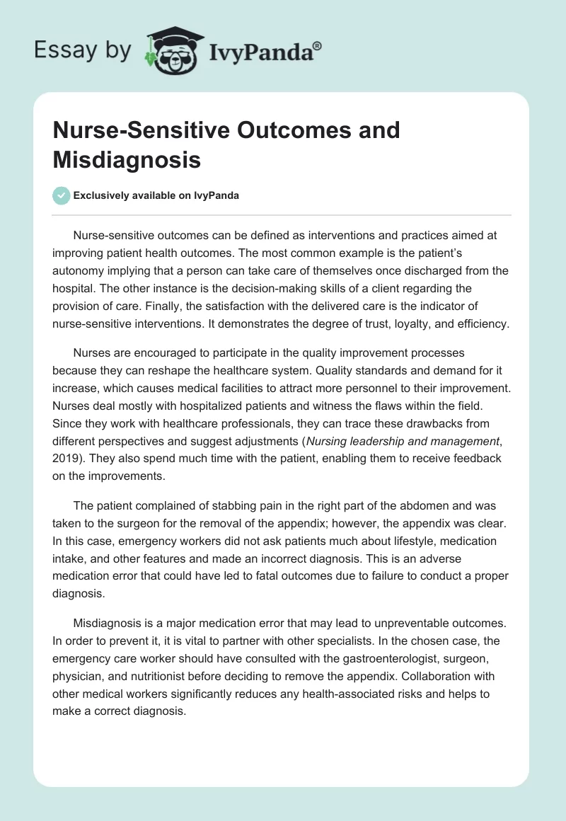 Nurse-Sensitive Outcomes and Misdiagnosis. Page 1