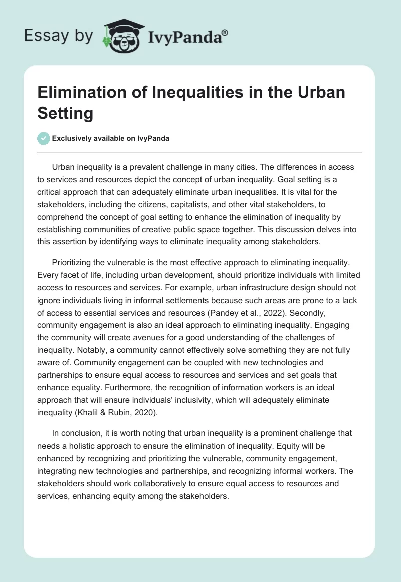 Elimination of Inequalities in the Urban Setting. Page 1