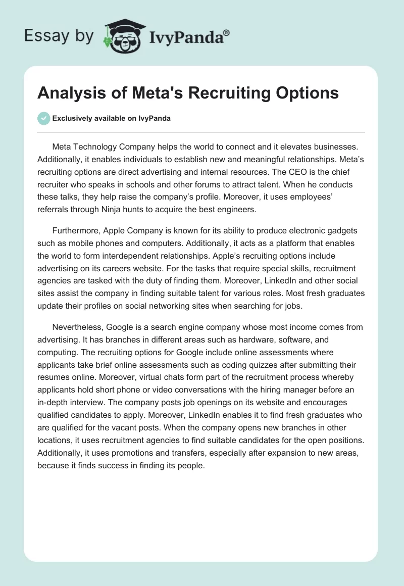 Analysis of Meta's Recruiting Options. Page 1