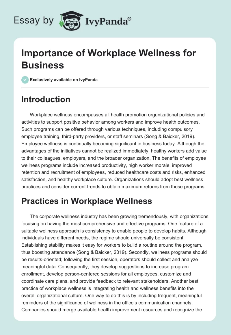 Importance of Workplace Wellness for Business. Page 1