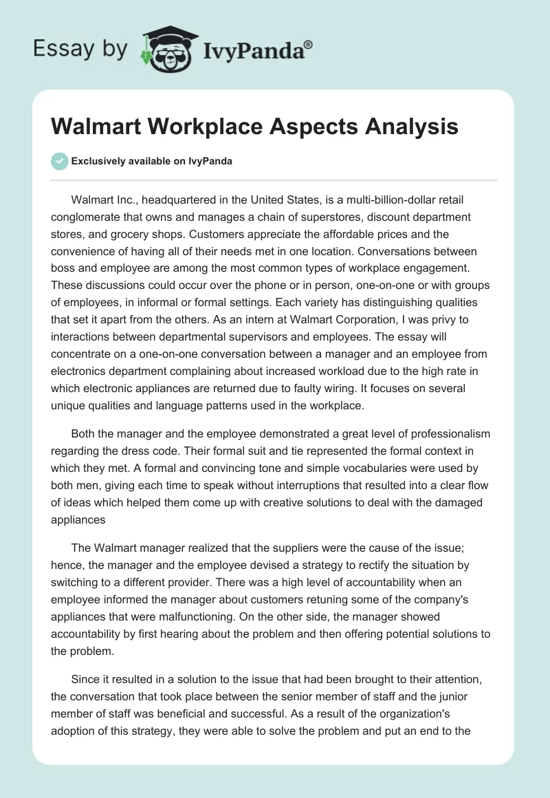 Walmart Workplace Aspects Analysis. Page 1