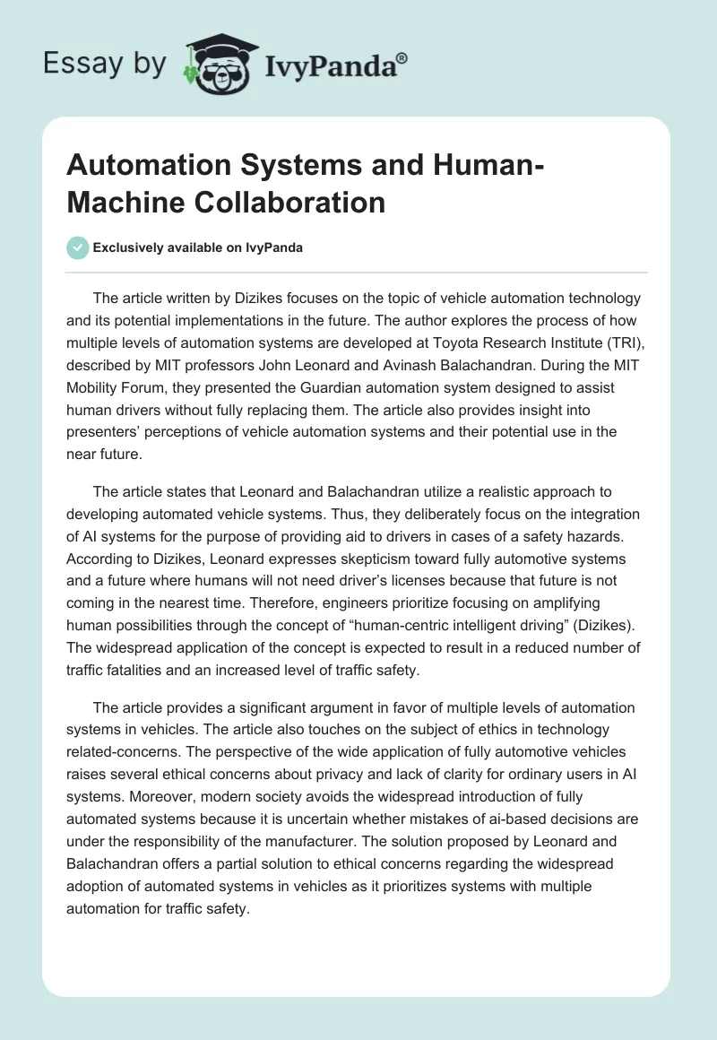 Automation Systems and Human-Machine Collaboration. Page 1