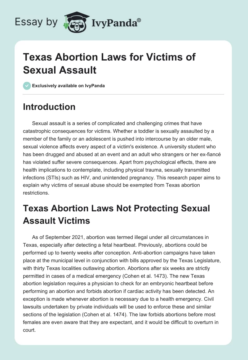 Texas Abortion Laws for Victims of Sexual Assault. Page 1