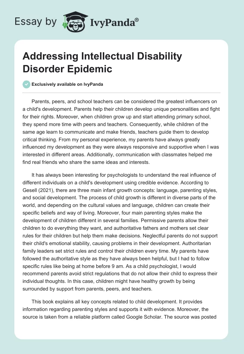 Addressing Intellectual Disability Disorder Epidemic. Page 1