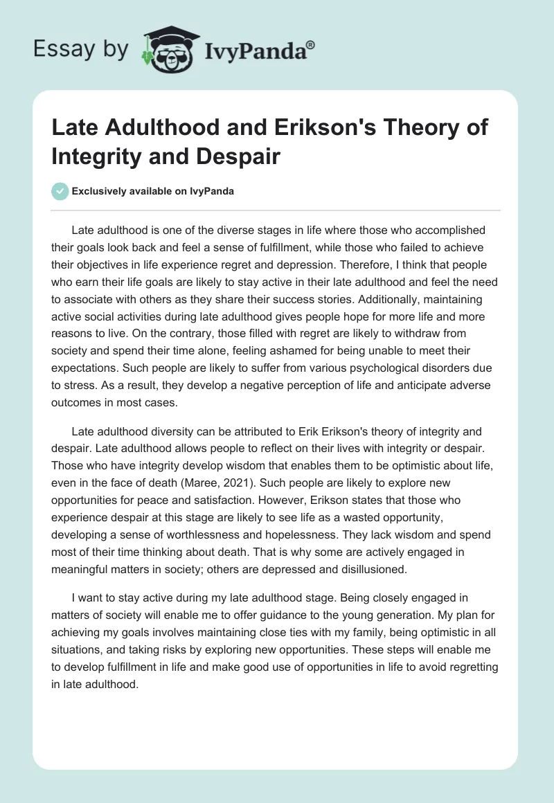 Late Adulthood and Erikson's Theory of Integrity and Despair. Page 1