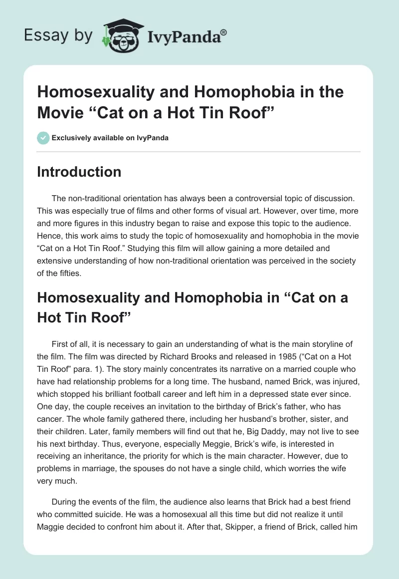Homosexuality and Homophobia in the Movie “Cat on a Hot Tin Roof”. Page 1