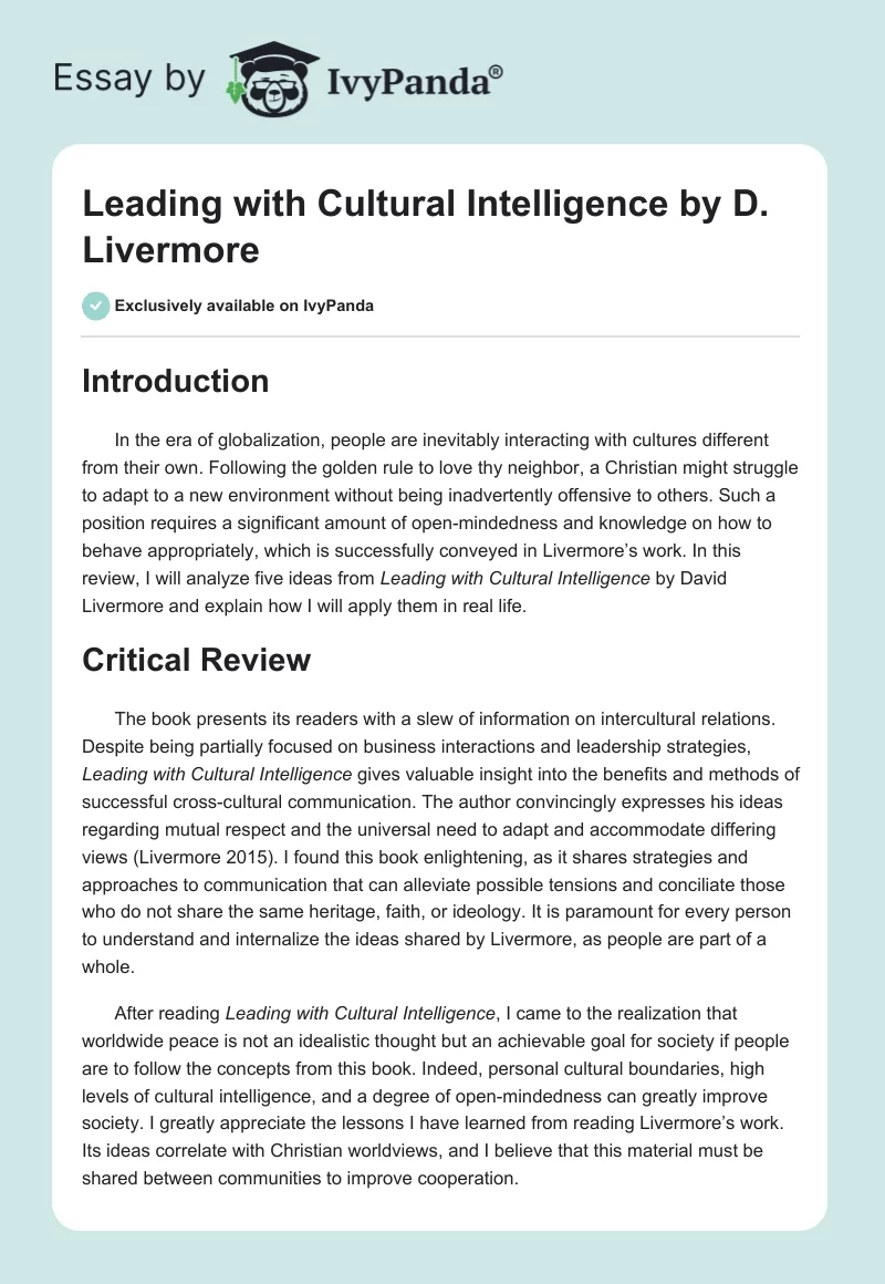 Leading With Cultural Intelligence by D. Livermore. Page 1