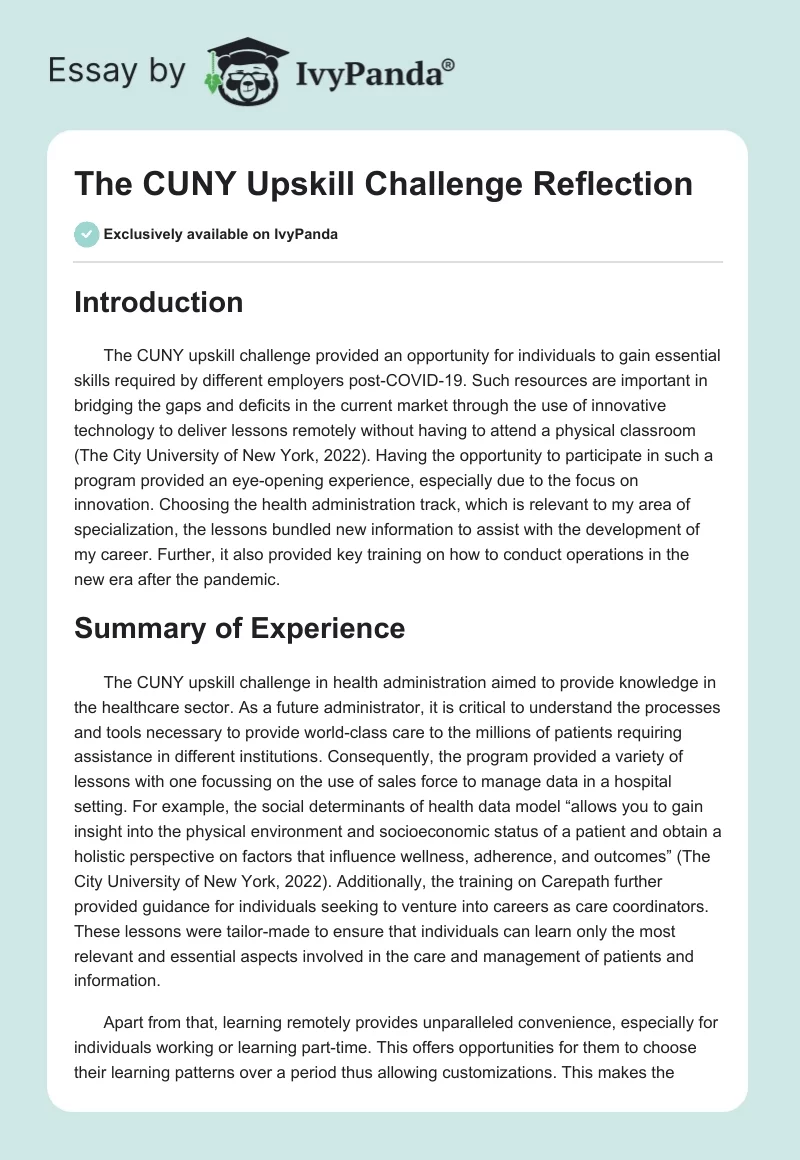 The CUNY Upskill Challenge Reflection. Page 1