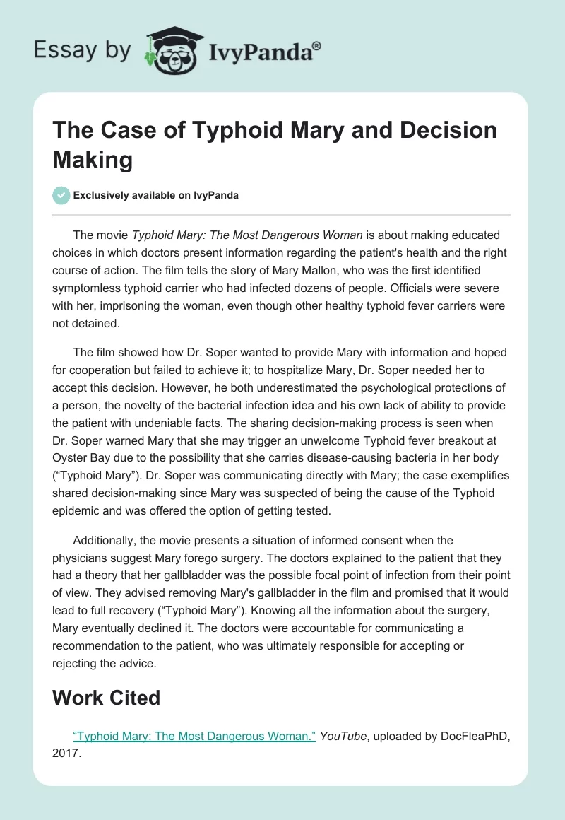 The Case of Typhoid Mary and Decision Making. Page 1
