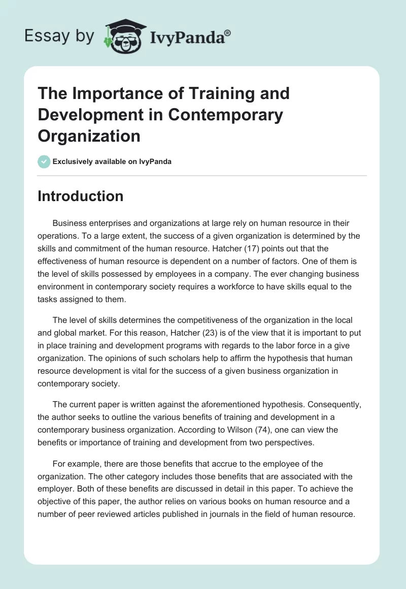 The Importance of Training and Development in Contemporary Organization. Page 1