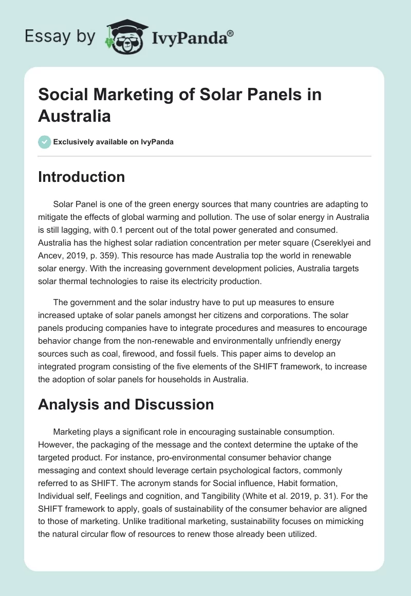 Social Marketing of Solar Panels in Australia. Page 1