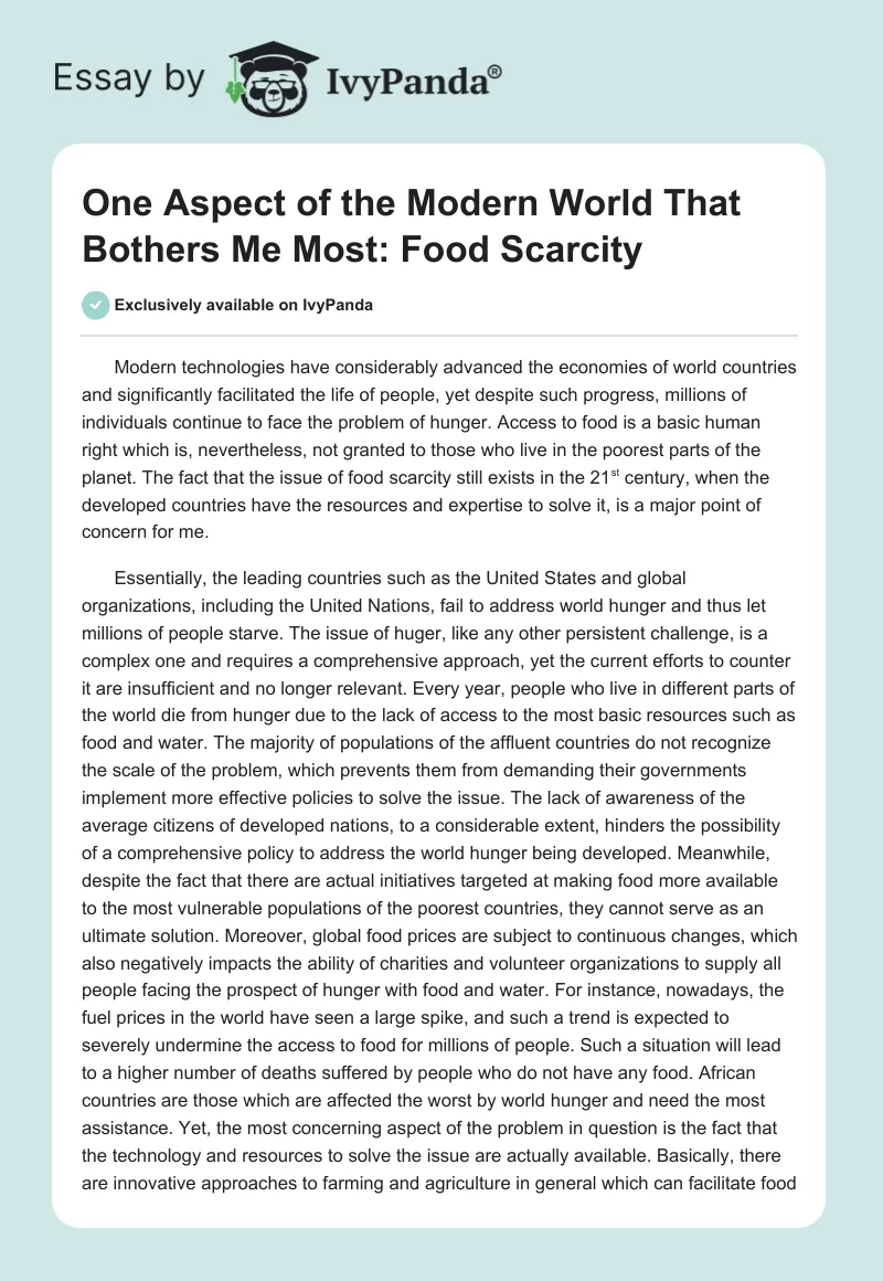 One Aspect of the Modern World That Bothers Me Most: Food Scarcity. Page 1