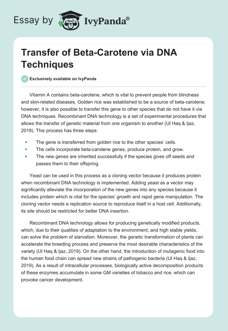 Transfer of Beta-Carotene via DNA Techniques. Page 1