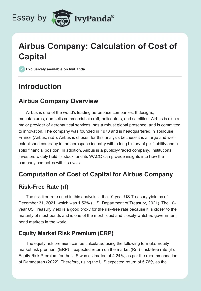 Airbus Company: Calculation of Cost of Capital. Page 1