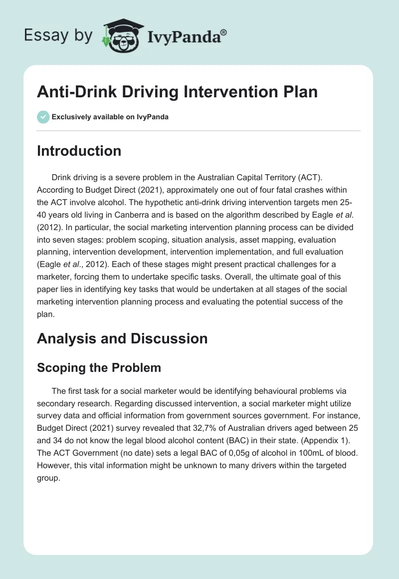 Anti-Drink Driving Intervention Plan. Page 1