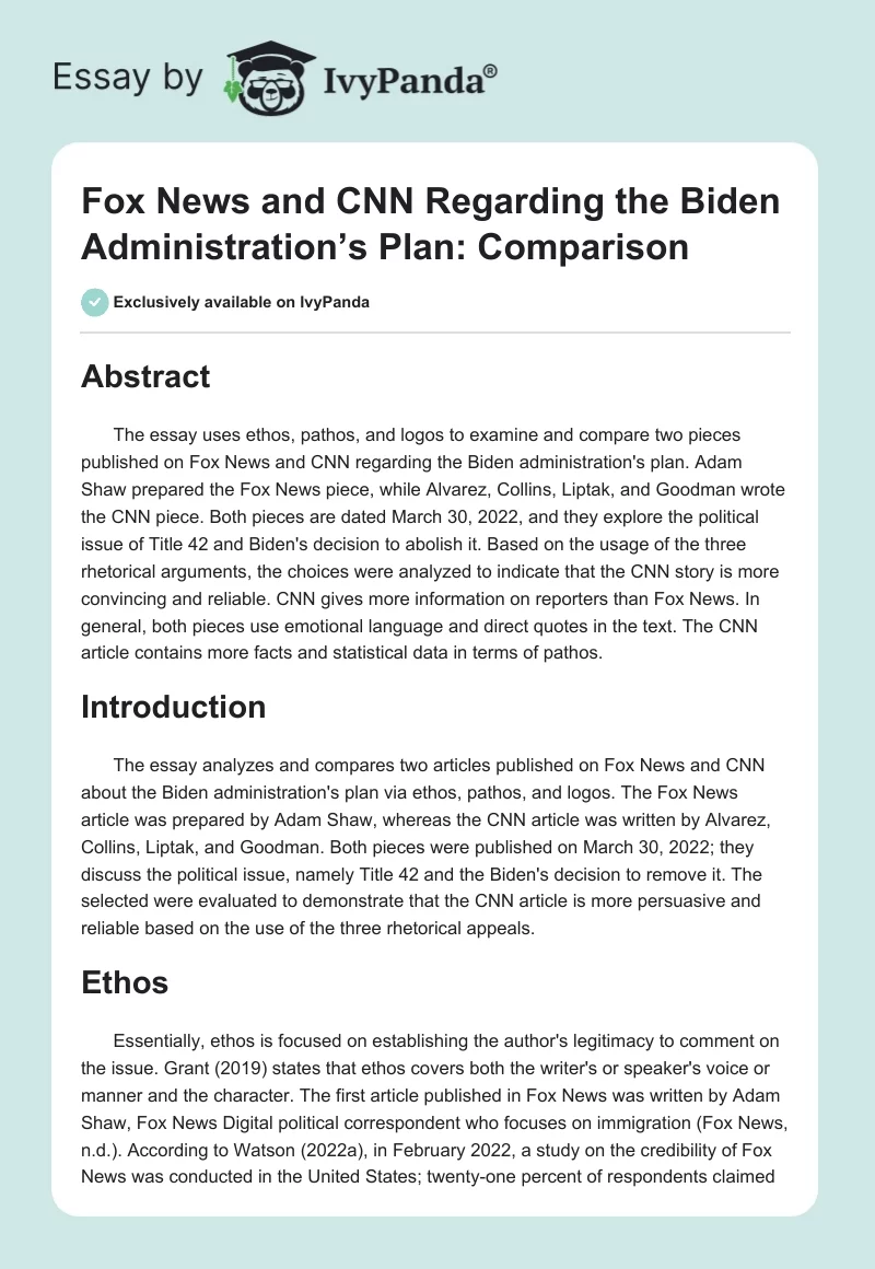 Fox News and CNN Regarding the Biden Administration’s Plan: Comparison. Page 1