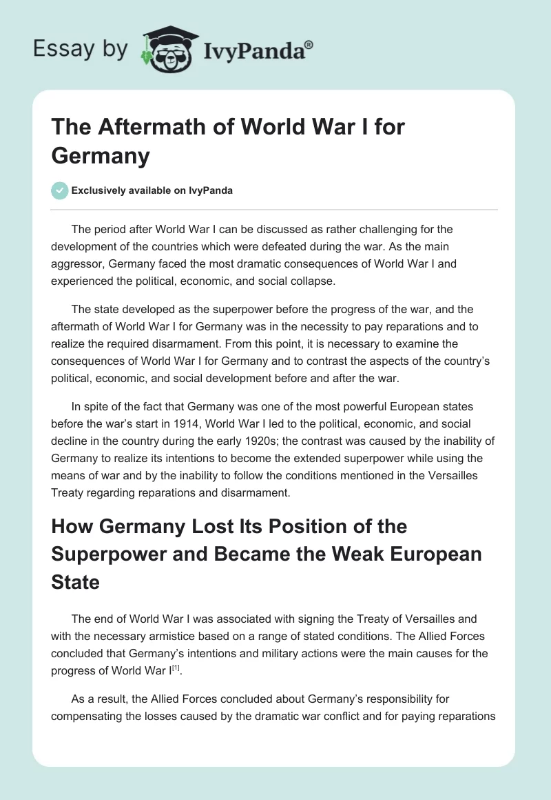The Aftermath of World War I for Germany. Page 1