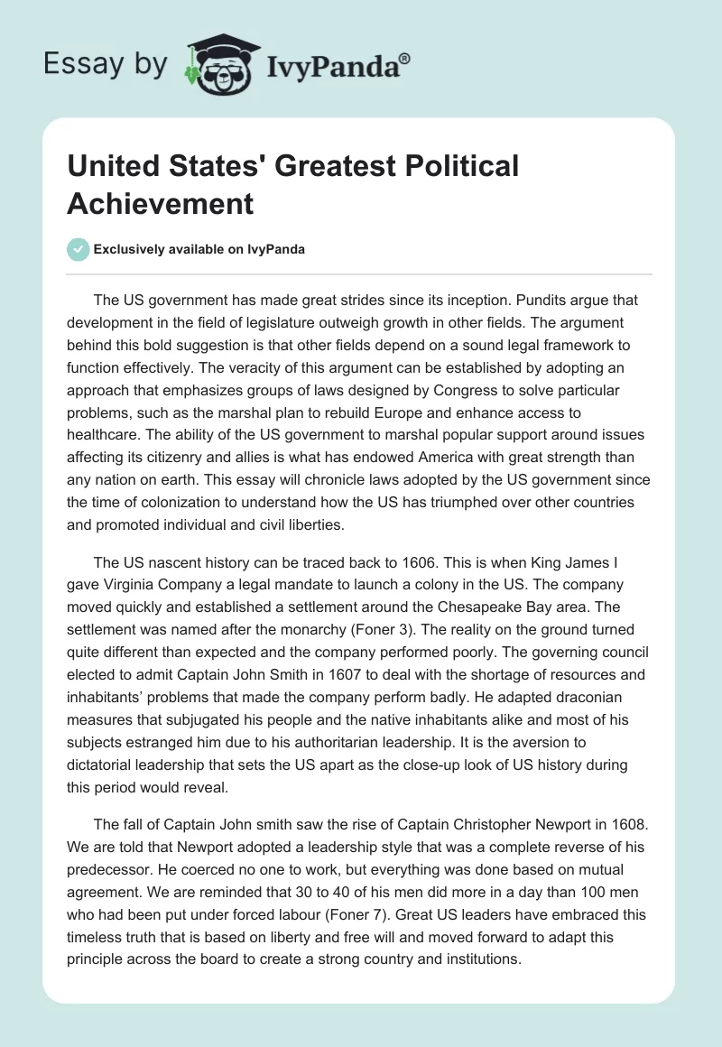 United States' Greatest Political Achievement. Page 1