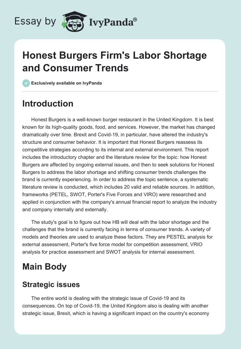 Honest Burgers Firm's Labor Shortage and Consumer Trends. Page 1