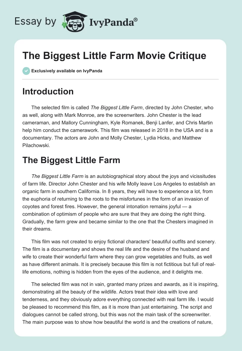 "The Biggest Little Farm" Movie Critique. Page 1