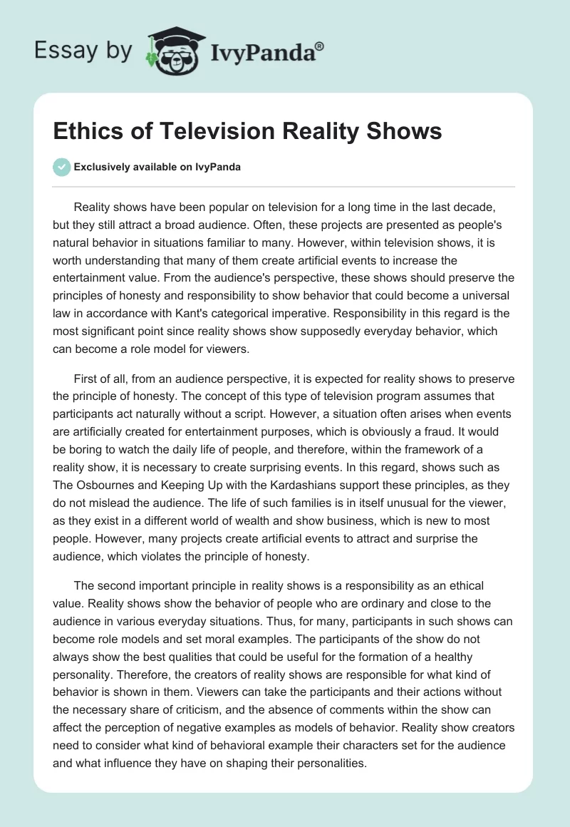 Ethics of Television Reality Shows. Page 1