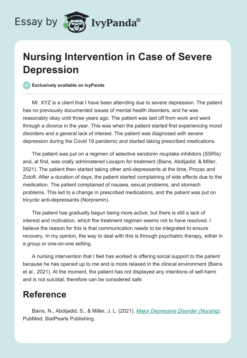 Nursing Intervention in Case of Severe Depression. Page 1