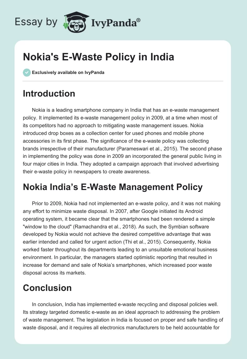 Nokia's E-Waste Policy in India. Page 1