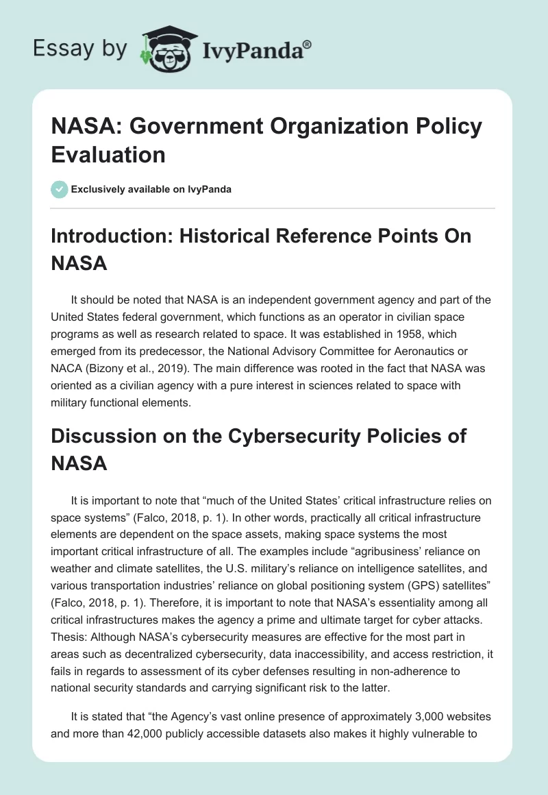 NASA: Government Organization Policy Evaluation. Page 1