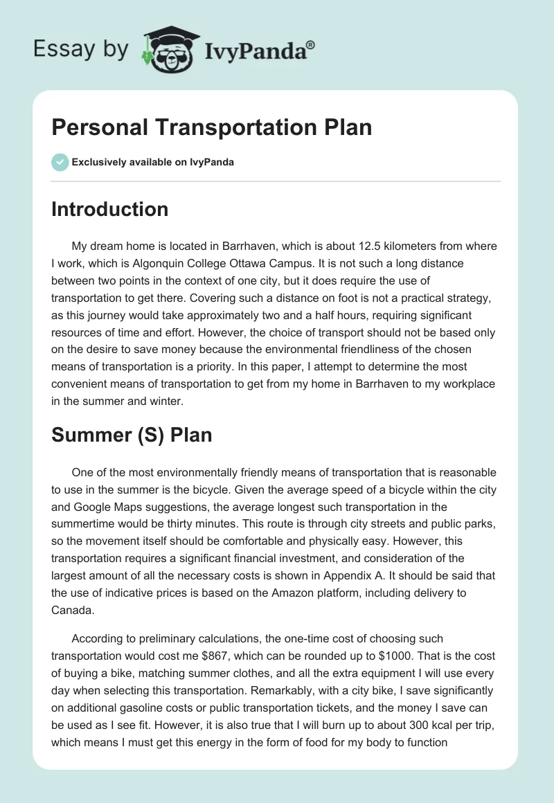 Personal Transportation Plan. Page 1