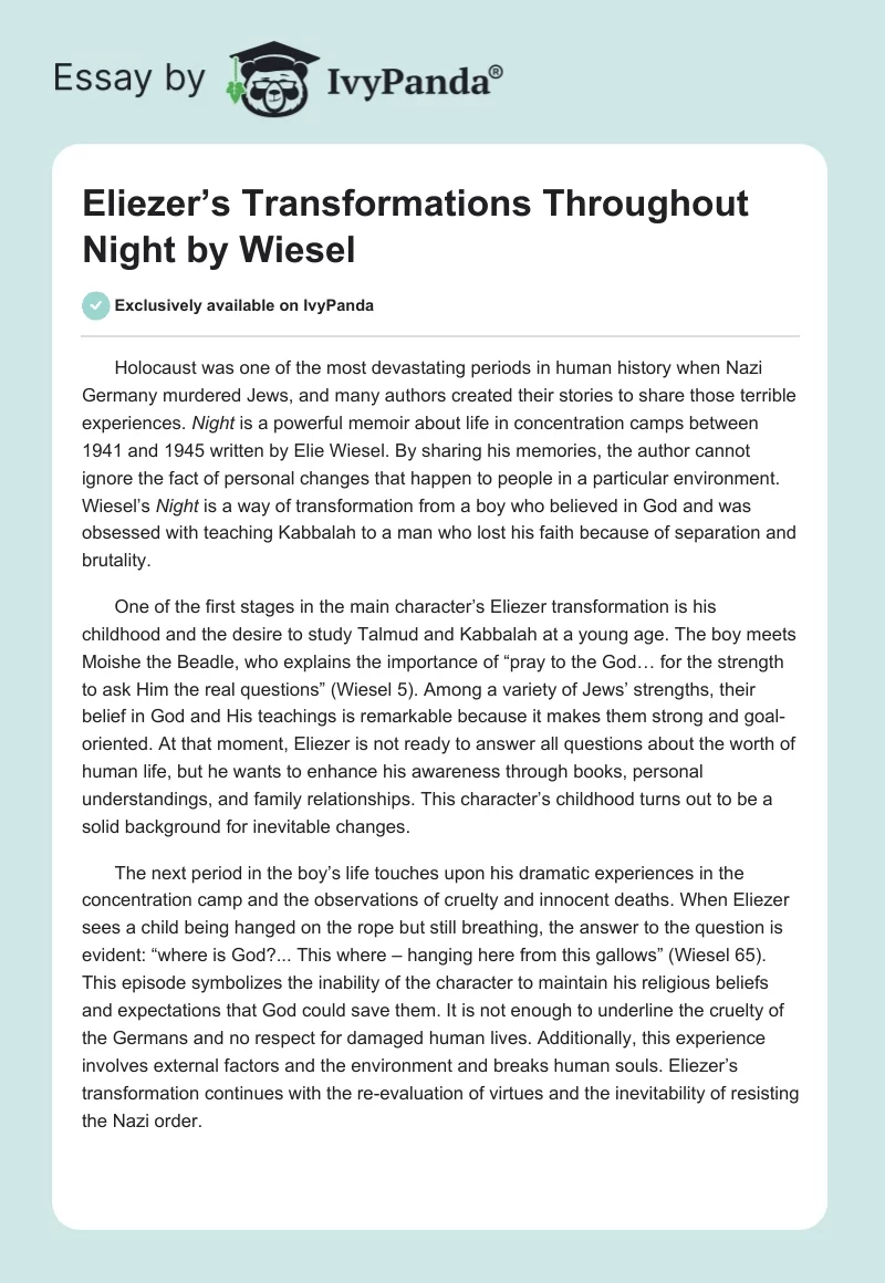 Eliezer’s Transformations Throughout Night by Wiesel. Page 1
