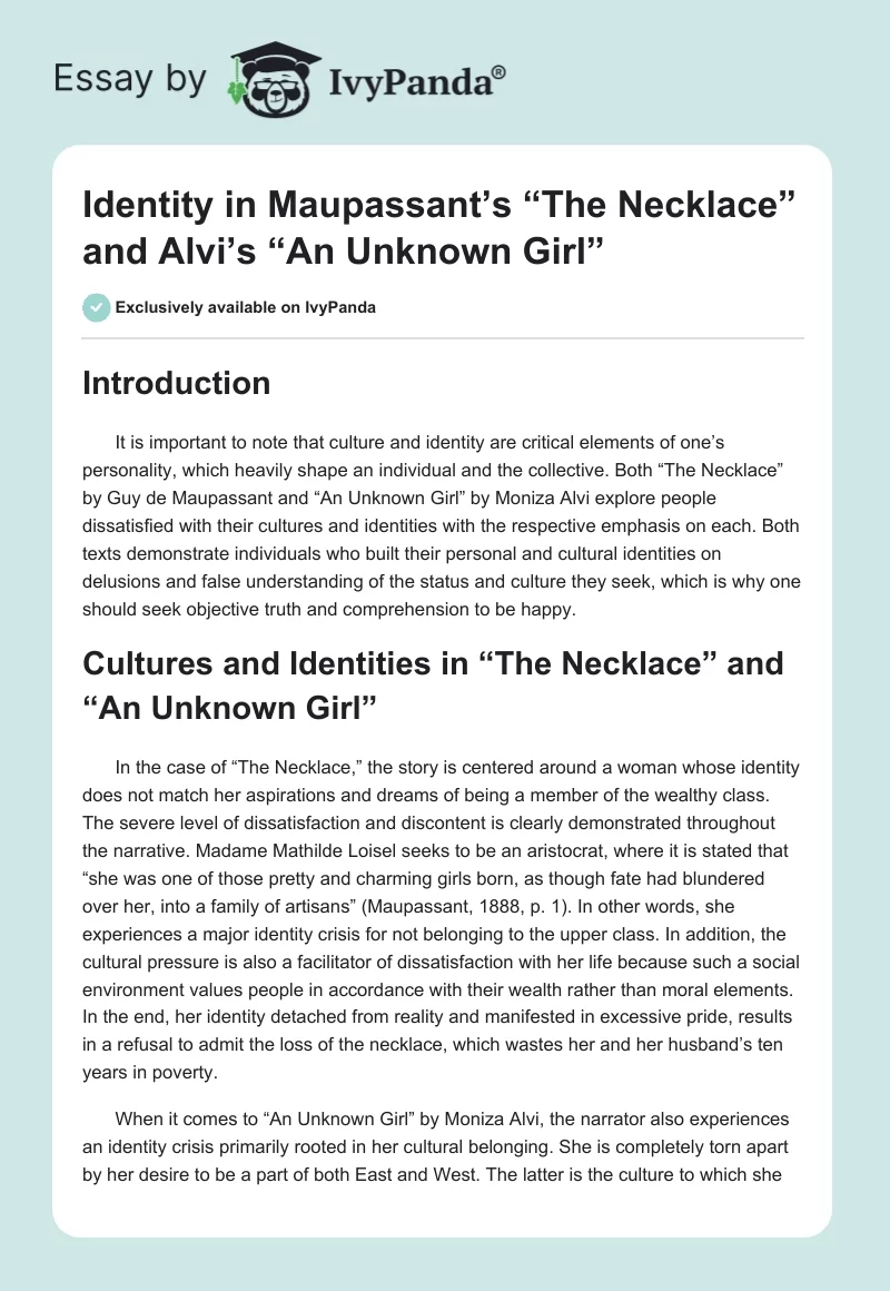 Identity in Maupassant’s “The Necklace” and Alvi’s “An Unknown Girl”. Page 1