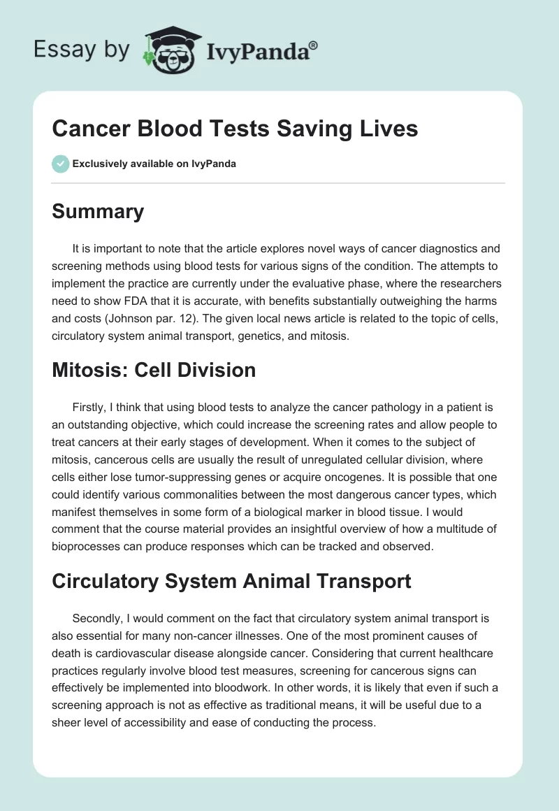 Cancer Blood Tests Saving Lives. Page 1