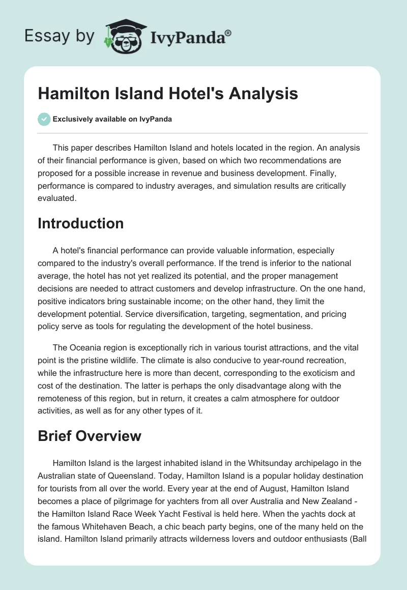 Hamilton Island Hotel's Analysis. Page 1