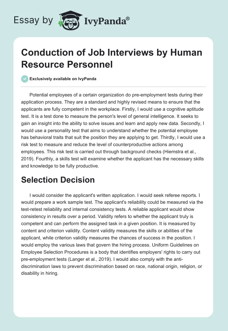 Conduction of Job Interviews by Human Resource Personnel. Page 1