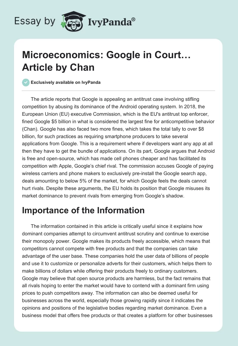 Microeconomics: "Google in Court…" Article by Chan. Page 1