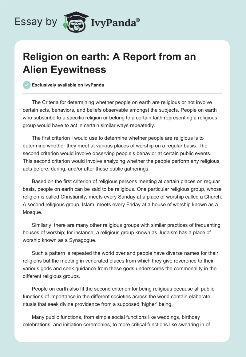 Religion on earth: A Report from an Alien Eyewitness. Page 1