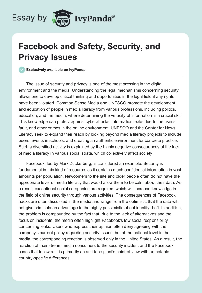 Facebook and Safety, Security, and Privacy Issues. Page 1