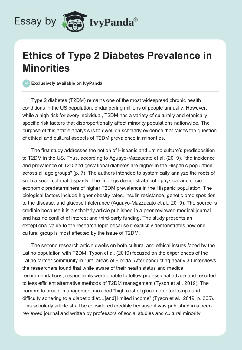 Ethics of Type 2 Diabetes Prevalence in Minorities. Page 1