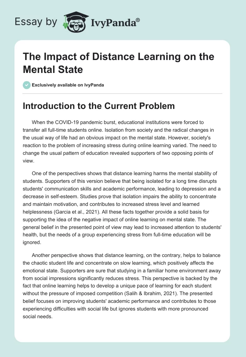 The Impact of Distance Learning on the Mental State. Page 1