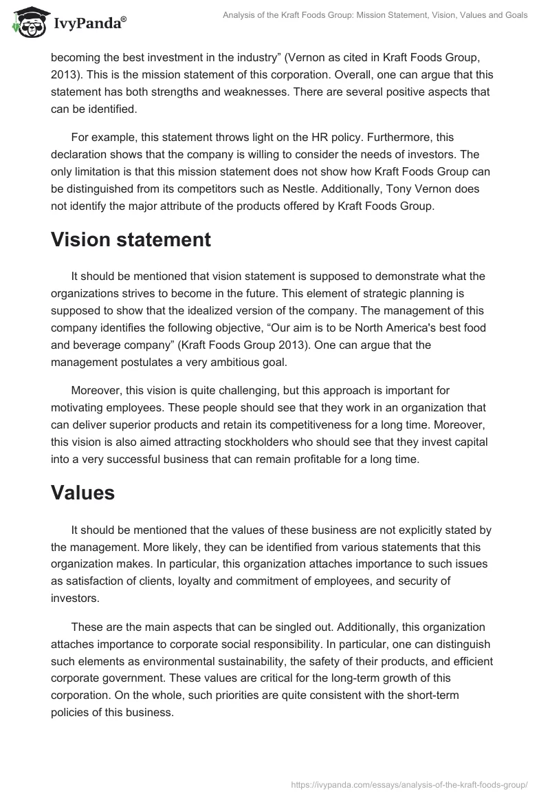 Analysis of the Kraft Foods Group: Mission Statement, Vision, Values and Goals. Page 2