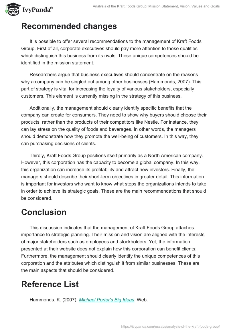 Analysis of the Kraft Foods Group: Mission Statement, Vision, Values and Goals. Page 4