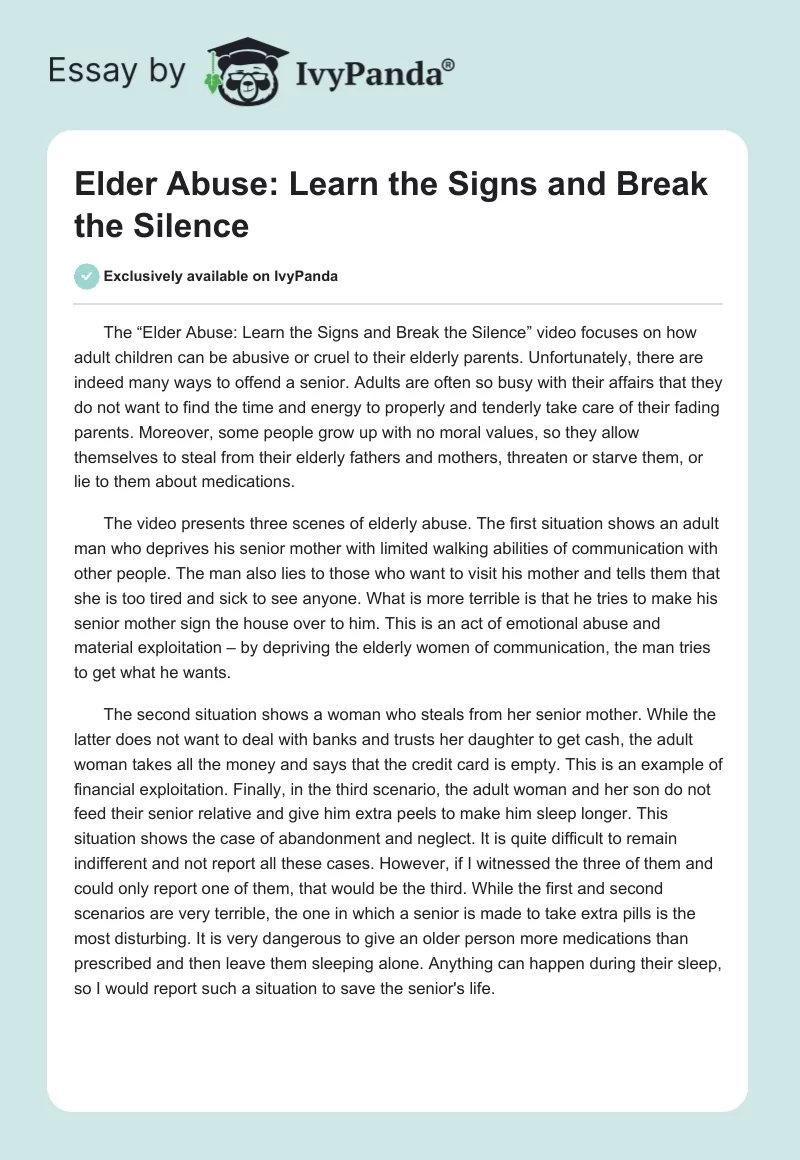 Elder Abuse: Learn the Signs and Break the Silence. Page 1