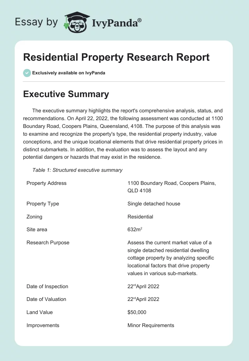 Residential Property Research Report. Page 1