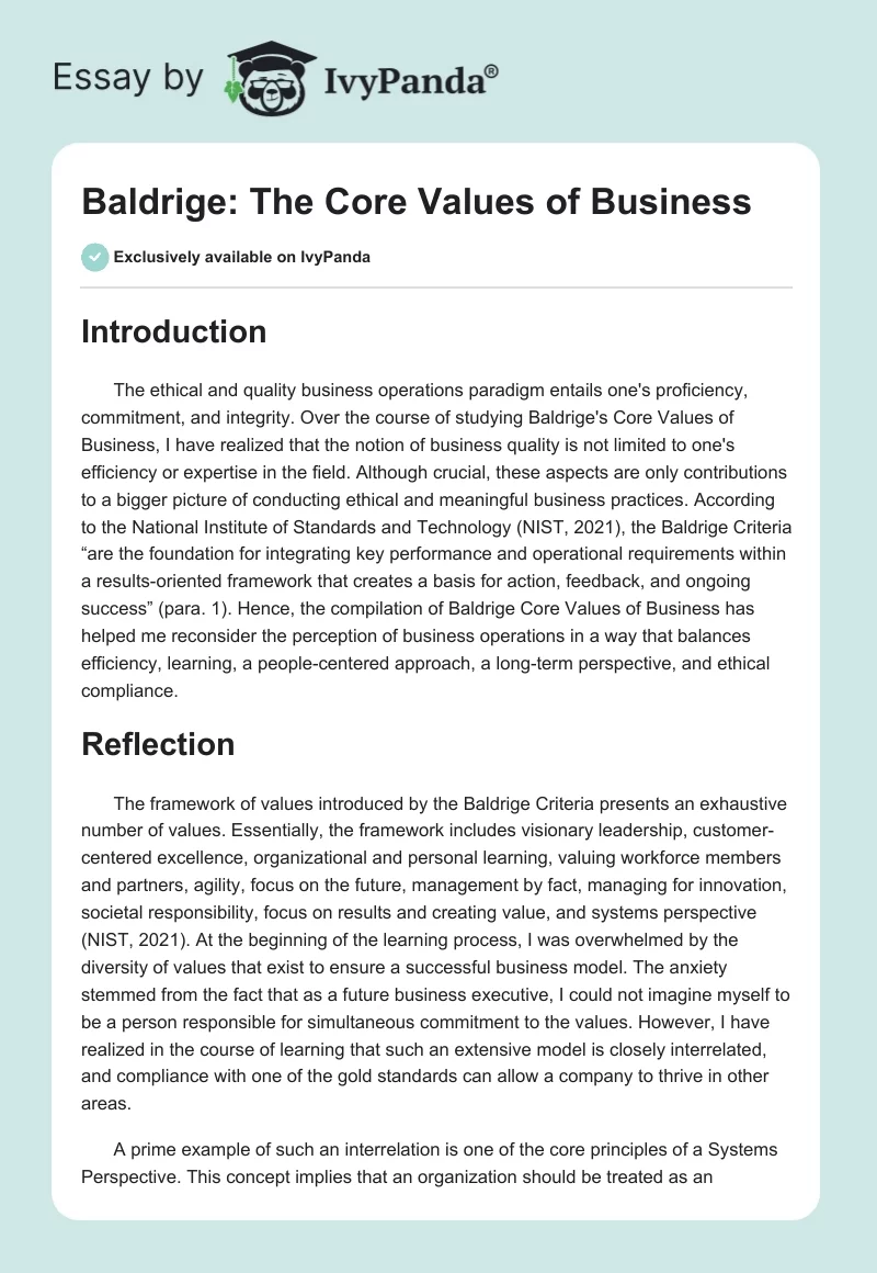 Baldrige: The Core Values of Business. Page 1