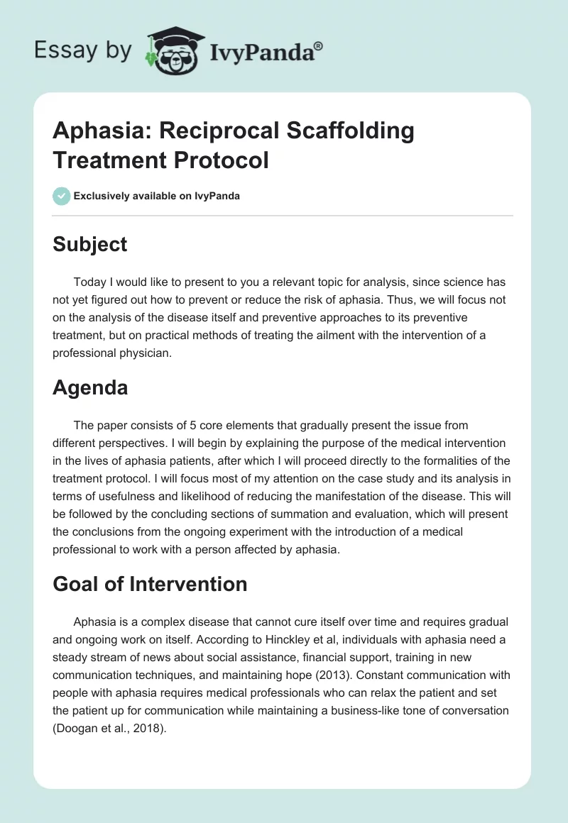 Aphasia: Reciprocal Scaffolding Treatment Protocol. Page 1