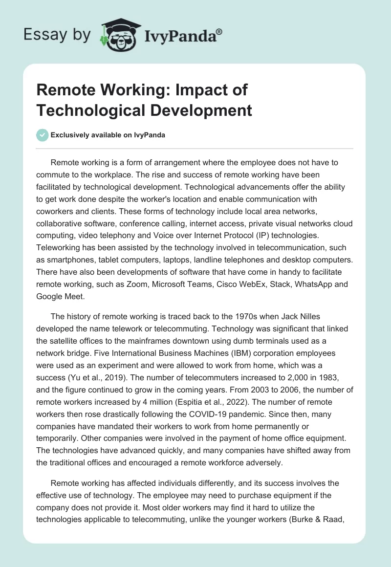 Remote Working: Impact of Technological Development. Page 1