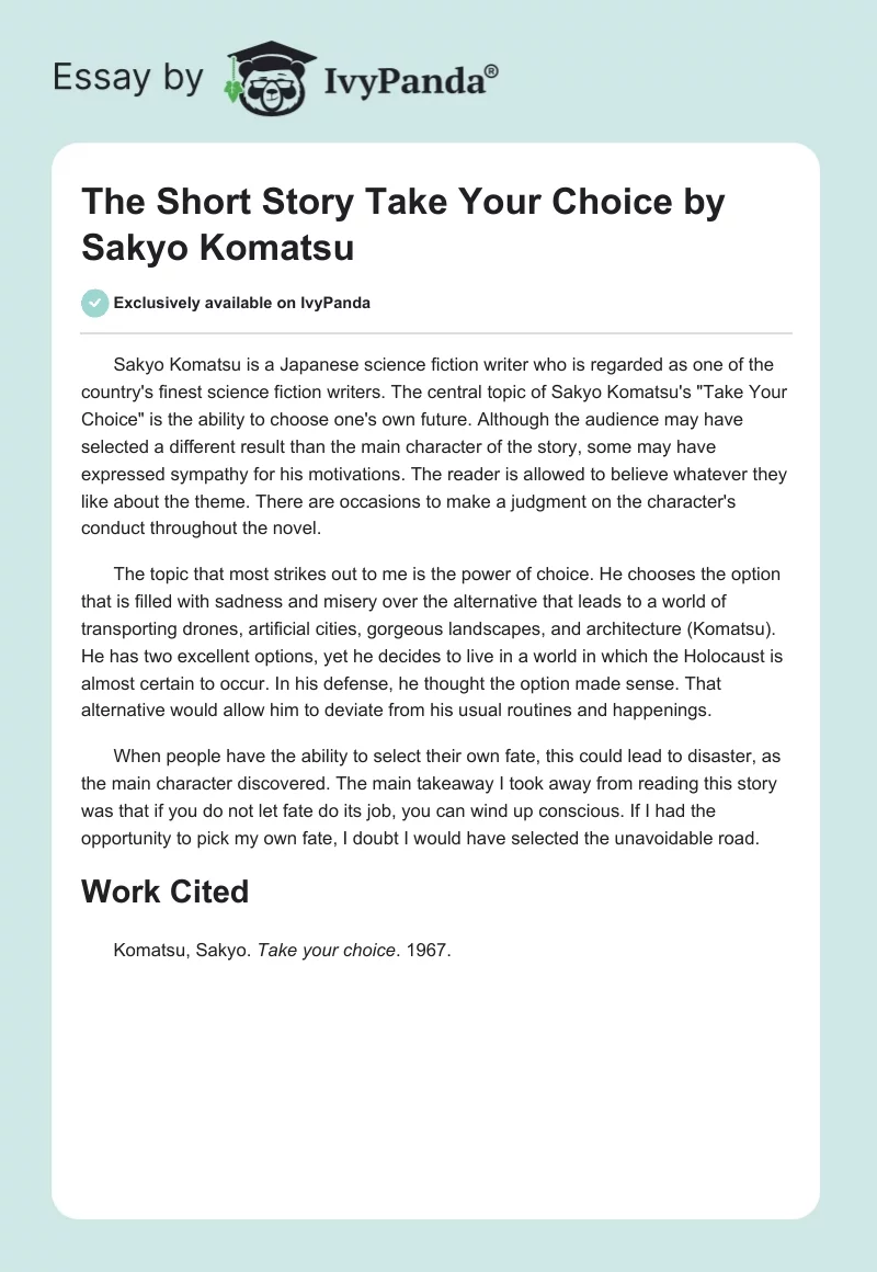 The Short Story "Take Your Choice" by Sakyo Komatsu. Page 1