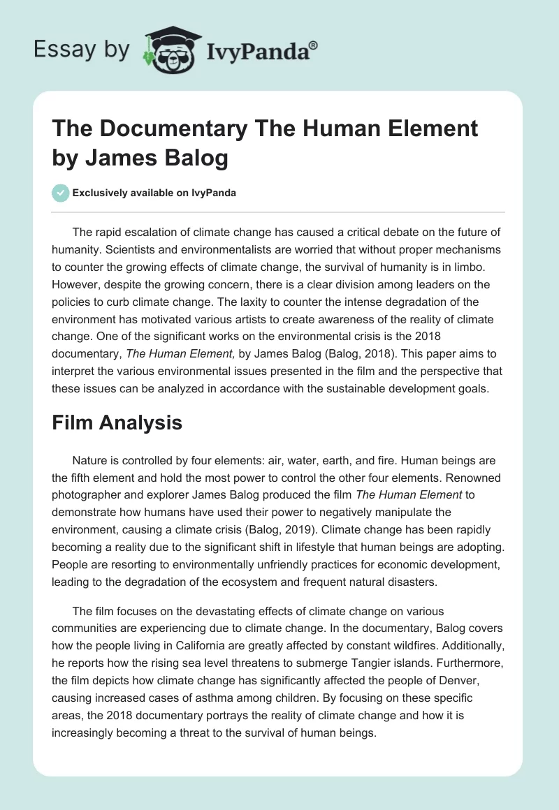 The Documentary "The Human Element" by James Balog. Page 1