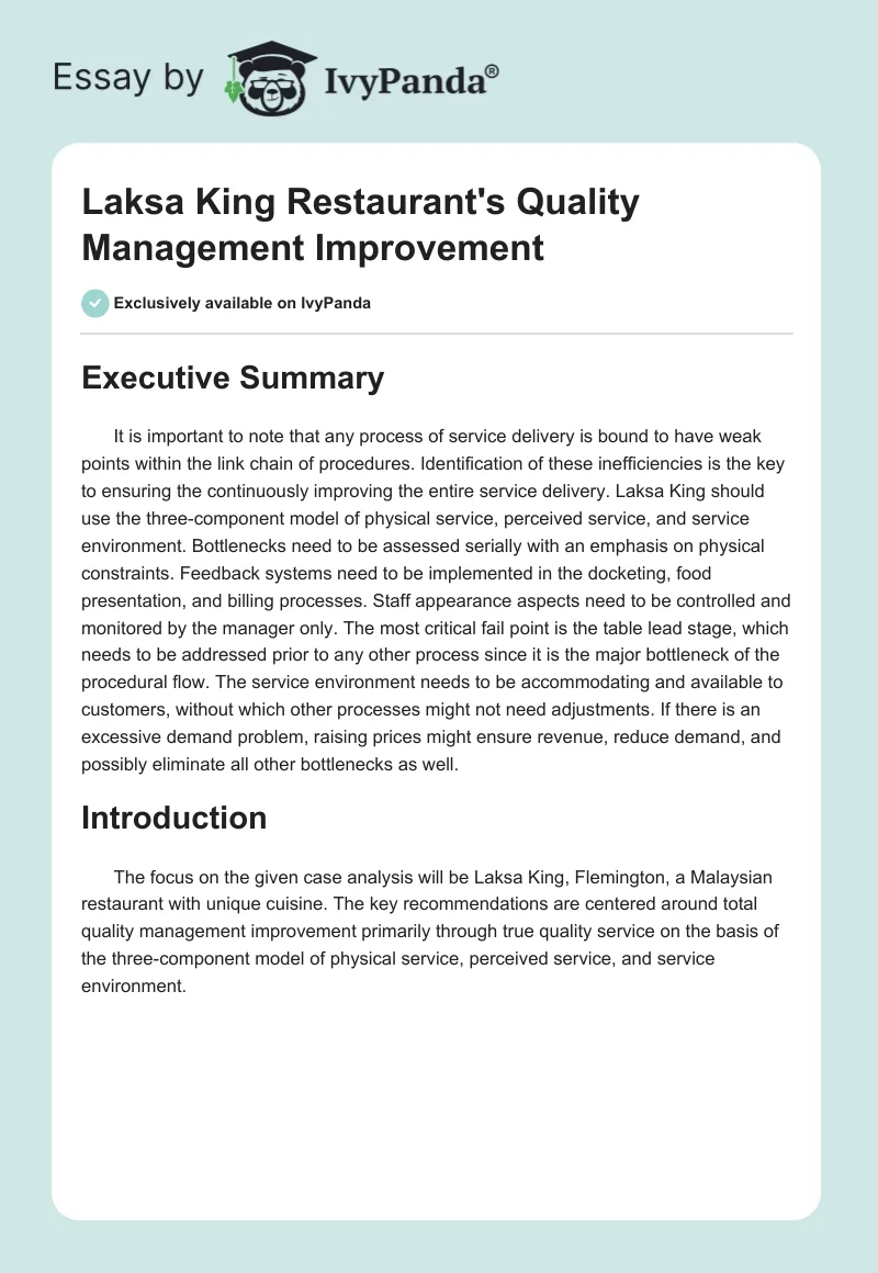 Laksa King Restaurant's Quality Management Improvement. Page 1