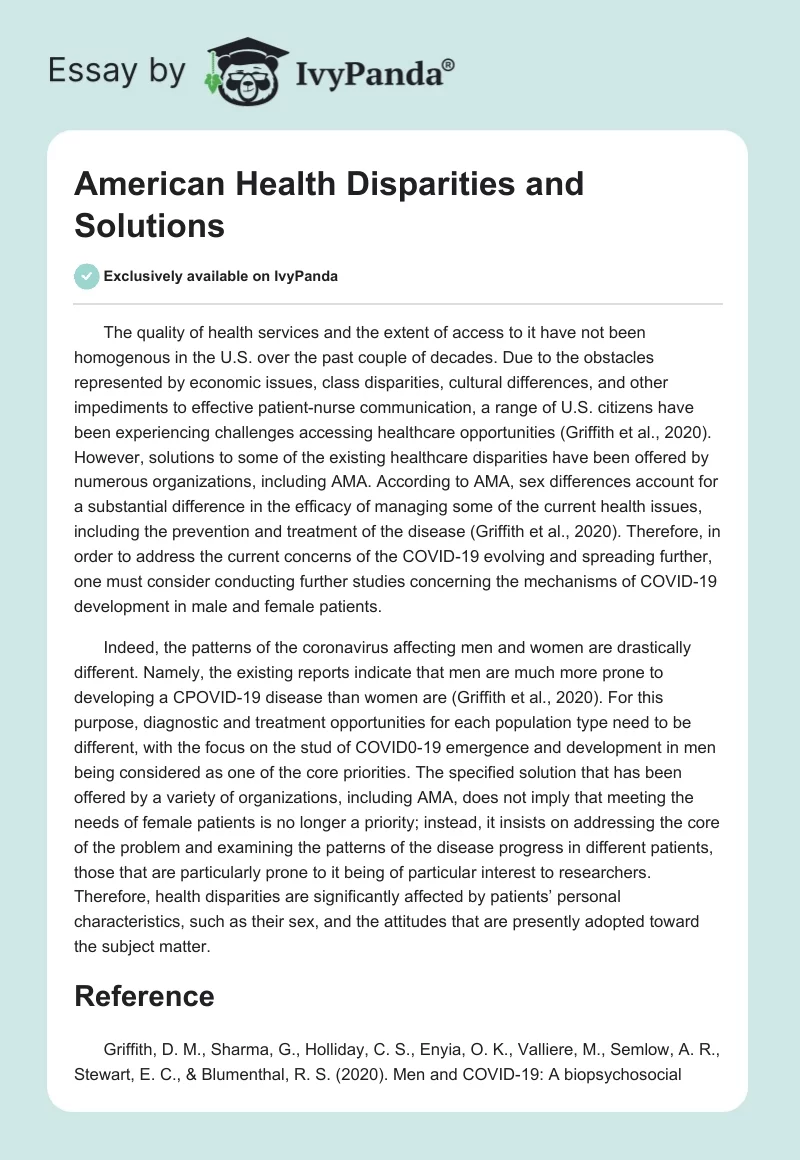 American Health Disparities and Solutions. Page 1